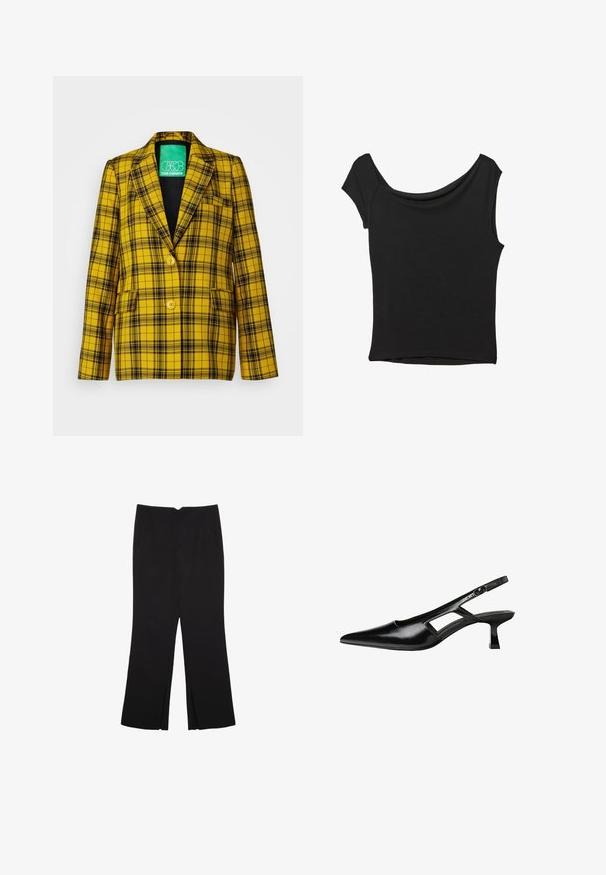 SOMETHINGNEW Kratka jakna - sulphur; Crna majica kratkih rukava od glatkog materijala; ima drapirani izrez i asimetrični donji rub, uz prilagođeni kroj tijela.; Crne hlače ravnog kroja, s prednjim džepovima i bočnim prorezima na rubu. Izrađene od mekog i glatkog materijala. Pogodne za razne prigode.; Crne lakirane natikače na remenčić sa špicastim nosom, dizajnom sa izrezima sa strane i malim kvadratnim potplatom. Glatka tekstura s minimalnim akcentima.