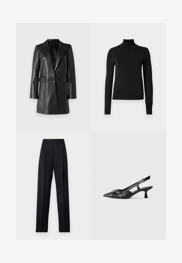 STUDIO ID Leren jas - nappa black; Zwarte trui met lange mouwen en col, voorzien van geribde manchetten en zoom, weergegeven op een effen witte achtergrond.; Zwarte broek gemaakt van gladde stof met een hoge taille, wijde benen, voorplooien en klassieke ceintuurlussen. Geen zijzakken zichtbaar.; Zwarte leren slingback schoen met een puntige neus, decoratieve banden met metalen oogjes en een lage blokhak. Textuur oppervlak.