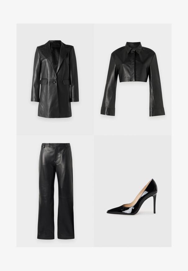 STUDIO ID Bőrdzseki - nappa black; Fekete, rövidített bőrdzseki gallérral és hosszú, bővülő ujjal. Az elején gombos záródás található, sima, fényes felülettel.; Fekete egyenes lábú műbőr nadrág övlyukakkal és rejtett elülső záródással, fehér háttér előtt bemutatva.; Fekete lakkbőr magas sarkú pumpa hegyes orral és elegáns sziluettel. Simább, fényes felülettel és karcsú tűsarokkal rendelkezik.