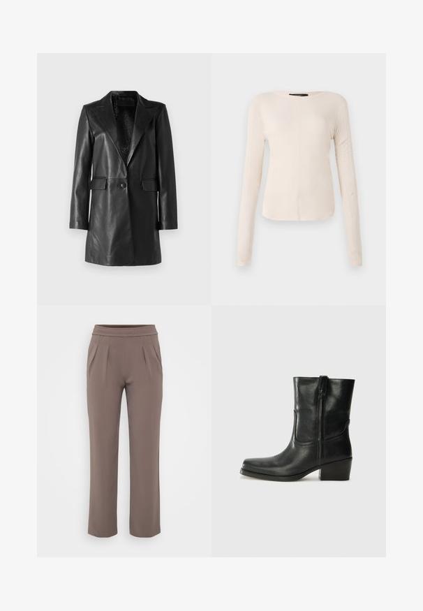 STUDIO ID Usnjena jakna - nappa black; Dolga majica v svetlo bež barvi s okroglim izrezom. Narejena iz mehkega materiala, ima osrednji šiv in rahlo ukrivljen rob. Ni vidnih elementov.; Taupe hlače širokega kroja z elastičnim pasom in sprednjimi gubi, narejene iz gladkega materiala.; Črne usnjene gležnjarje z zaobljenim nosom, blok peto, stransko zadrgo in šivanjem na vampu. Gladka tekstura, klasična zasnova.
