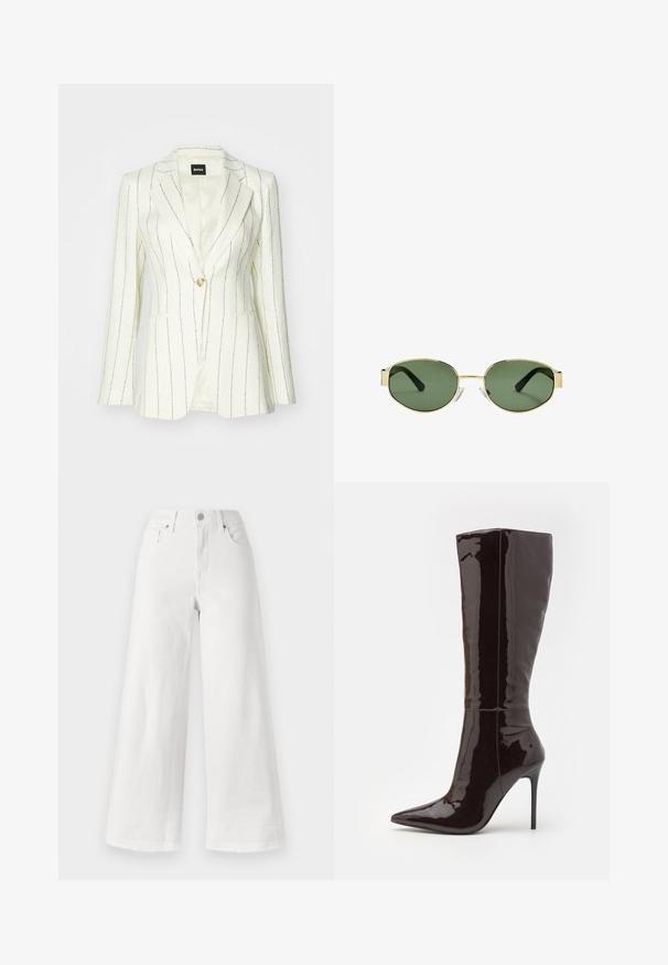 Bijela jakna s crnim prugama, zatvaranje na jedan dugme, sa notčanim reverima, dva prednja džepa i glatka unutarnja podstava.; Dugi rukav s majicom od boje krem, s blagim nabráním sa strane i klasičnim ovratnikom. Glatka tekstura, jednostavan dizajn.; Bijele široke traperice izrađene od denima, s visokim strukom, dizajnom s četiri džepa i sirovim rubom na dnu za teksturu.; Even&Odd Čizme s visokom petom - dark brown; Smešak sunčanih naočala s okvirom zlatne boje i zelenim nijansama, ovalnog oblika, crnim drškama i prozirnim jastučićima za nos. Čist, minimalistički dizajn.
