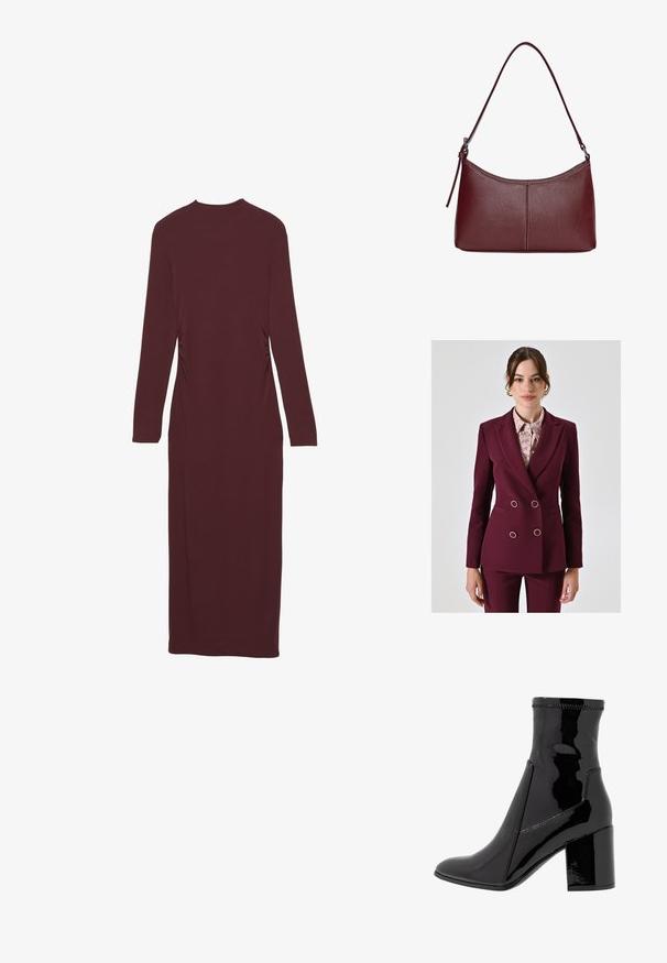Bordeaux dubbelzijdig blazer met zilveren hardware, gesneden revers en twee zakken, gedragen over een licht patroon blouse. Glad stoftextuur.; Lila lang mouwen jurk met een aansluitende pasvorm en geplooide zijkantdetails. Gemaakt van rekbare stof, reikt tot halverwege het kalf.; Zwarte patenten enkellaarsjes met een gladde textuur, een spitse neus en een gestructureerde blokhak. Heeft een ritsvrije ontwerping en contrasterende stiksels.; Bordeaux lederen handtas met een gebogen vorm, een enkele schouderriem en gestikte details in het midden. Glad textuur, minimale hardware.