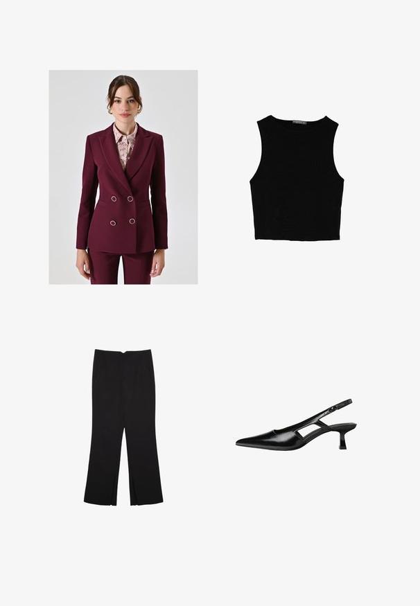 Burgundowy dwurzędowy żakiet z srebrnymi detalami, z klapami i dwoma kieszeniami, nałożony na jasną bluzkę w wzory. Gładka tekstura tkaniny.; Czarny bezrękawnik crop top z gładkiego materiału, z okrągłym dekoltem i czystym, prostym wzornictwem, bez wzorów czy metalowych elementów.; Czarne spodnie o prostym kroju, z przednimi kieszeniami i bocznymi rozcięciami na dole. Wykonane z miękkiego, gładkiego materiału. Odpowiednie na różne okazje.; Czarne lakierowane czółenka na odkrytej pięcie z wąskim noskiem, z wykrojem po bokach i małym kwadratowym obcasem. Gładka faktura z minimalnymi akcentami.
