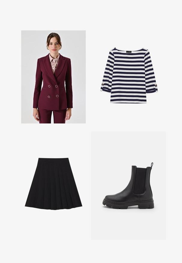 Blazer doppiopetto bordeaux con accessori in argento, rever a punta e due tasche, indossato su una blouse chiara a fantasia. Tessuto dalla consistenza liscia.; Maglietta a righe blu navy e bianca con maniche lunghe, scollo a barca e dettagli con bottoni dorati sulle maniche arrotolate. Tessuto morbido, vestibilità comoda.; Gonna nera plissettata realizzata in tessuto strutturato con una vita aderente. Cade all'altezza del ginocchio, presentando una silhouette liscia e pulita.; Stivale alla caviglia in pelle nera con pannelli elastici laterali, punta tonda e suola in gomma texturizzata. Dotato di un anello sul retro per una facile vestibilità.