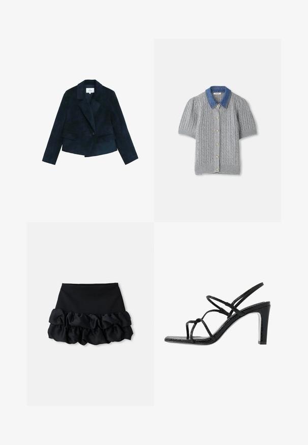 Blazer en velours côtelé bleu marine avec col cranté, fermeture à un bouton et deux poches avant. Surface texturée avec une coupe ajustée et courte.; Cardigan gris en tricot à manches courtes avec un motif en treillis, doté d'un col en denim et de cinq boutons dorés sur le devant.; Mini-jupe noire avec un haut ajusté et trois couches de tissu froncé en bas, avec une texture lisse et des lignes épurées.; Sandales noires à talons avec des fines lanières, une finition texturée, bout ouvert et un design de talon pointu et élégant. Équipées d'une semelle intérieure lisse et d'une surface brillante.