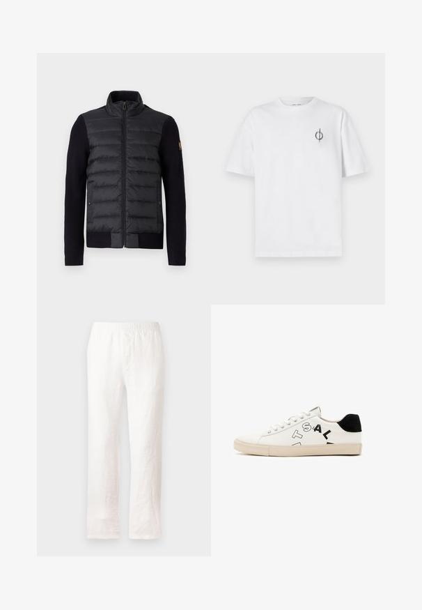 Juodas zip-up džemperis su siuvinėtu priekiu ir megztais rankovėmis, su šoniniais kišenėmis ir mažu logotipu kairėje rankovėje.; Balta medvilninė marškinė su laisvu siluetu, su mažą juodą grafiką logotipą kairėje krūtinės pusėje. Trumpomis rankovėmis, apvaliu kaklu.; Baltos lininės kelnių su elastine juosta, tiesaus kirpimo dizainas ir šiek tiek tekstūruota medžiaga. Be raštų ar papildomų detalių.; Balta odinė sportinė avalynė su juodais akcentais ant kulno, ant šono yra drąsus juodas užrašas ir guma. Minimalistinis dizainas.