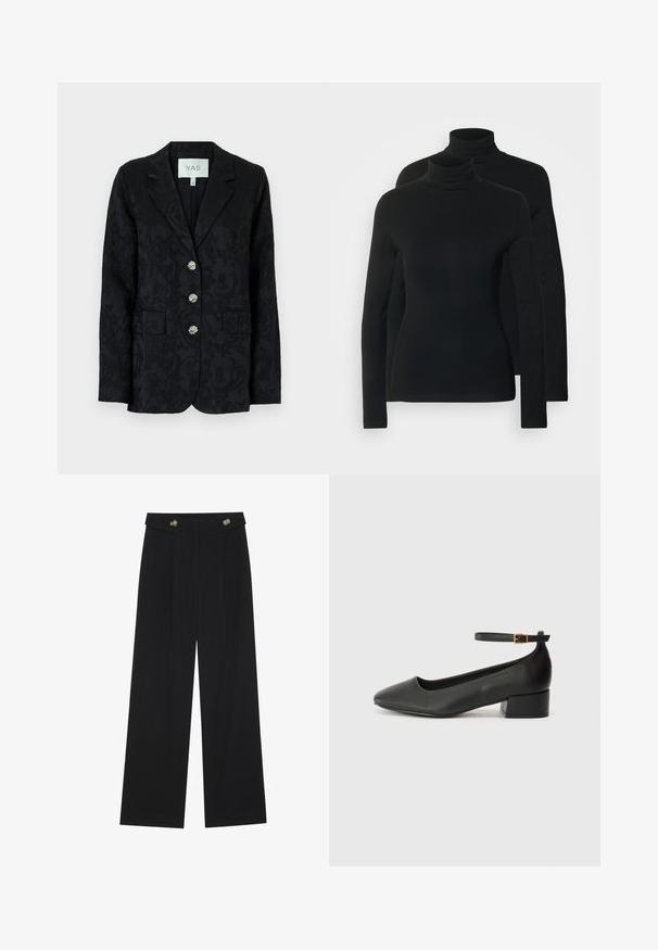 Svart blazer med et teksturert blomsterdesign, to frontlommer og tre dekorative sølvknapper. Klappkrage og enknaps design.; To lange ermer turtleneck topper i ensfarget svart, laget av et mykt, elastisk stoff med tettsittende design og sømløs hals.; Svart vide bukser med høy midje, knappdetaljer på midjebåndet og frontplisser.; Sorte skinnpumper med spiss tå og lav blokkhelt. Har ankelrem med gullfarget spenne. Glatt tekstur.
