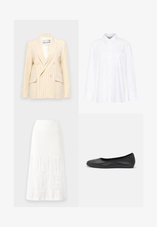 Sacou bej cu dungi fine, croi dublu, cu rever cu tăietură, două buzunare frontale și căptușeală albă. Include butoane rotunde și o formă structurată.; Cămașă albă cu mânecă lungă și guler, fabricată din bumbac. Are un închidere cu băta pe față și un singur buzunar pe piept. Textură netedă, croială lejeră.; Fustă midi tricotată albă, cu un model texturat ce include linii verticale și detalii decupate aproape de tiv. Talie elastică. Material moale.; Balerini din piele neagră, cu vârf rotund, textură netedă, detalii de cusătură minimale și un design al tălpii flexibil.