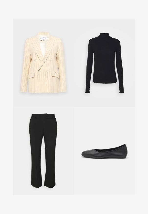 Blazer beige de rayas finas, de doble botonadura, con solapas con muesca, dos bolsillos frontales y forro blanco. Presenta botones redondos y una forma estructurada.; Top negro de manga larga con cuello alto, hecho de tejido suave, que presenta un cuello con volantes y una silueta ajustada con bordes simples.; Pantalones negros ajustados con un diseño de pierna recta, que cuentan con pasadores para cinturón y bolsillos laterales. Elaborados con una tela suave y un acabado limpio.; Bailarina de piel negra con punta redondeada, textura suave, detalle de costura minimalista y diseño de suela flexible.