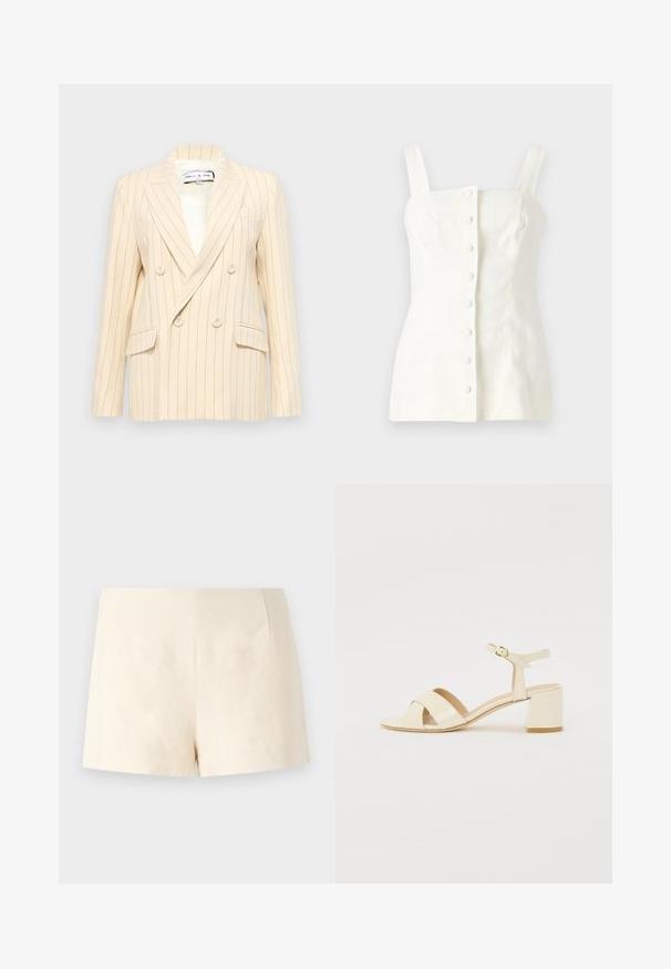 Blazer beige à rayures, croisé et à revers crantés, avec deux poches avant et doublure blanche. Présente des boutons ronds et une silhouette structurée.; Haut sans manches en lin blanc avec une silhouette ajustée, fermeture à boutons sur le devant avec cinq boutons, et bretelles droites.; Shorts beige ajustés en tissu léger, présentant une texture lisse, des lignes épurées et sans fermetures ni poches visibles.; Sandales à talons en cuir verni beige avec un design à brides croisées, bout ouvert, bride de cheville réglable et un talon carré. Texture lisse.