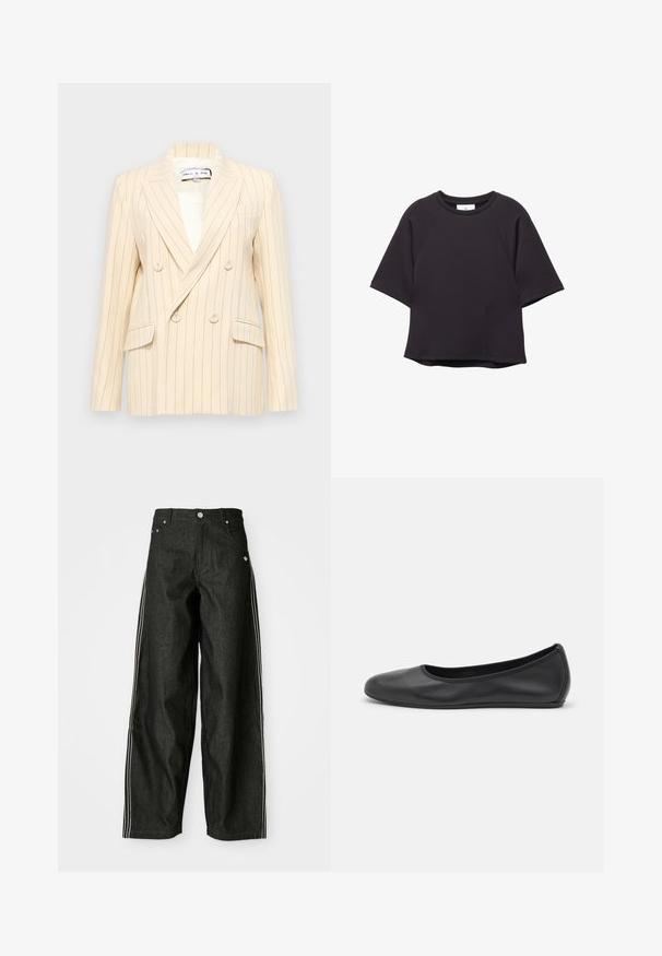 Beige gestreifter, doppelt geknöpfter Blazer mit Reverskragen, zwei Vorderaschen und weißem Futter. Verfügt über runde Knöpfe und eine strukturierte Form.; Schwarz kurzarm T-Shirt mit Rundhalsausschnitt und Raglanärmeln, mit geradem Saum, vor einem weißen Hintergrund präsentiert.; Schwarze Denim-weit geschnittene Hose mit weißen Seitestreifen, vorne mit Taschen, einem Knopfverschluss und einem dezenten Logo in der Nähe des Bundes.; Schwarze Leder-Ballettschuhe mit abgerundeter Spitze, glatter Textur, minimalen Nähdetails und einem flexiblen Sohlen-Design.