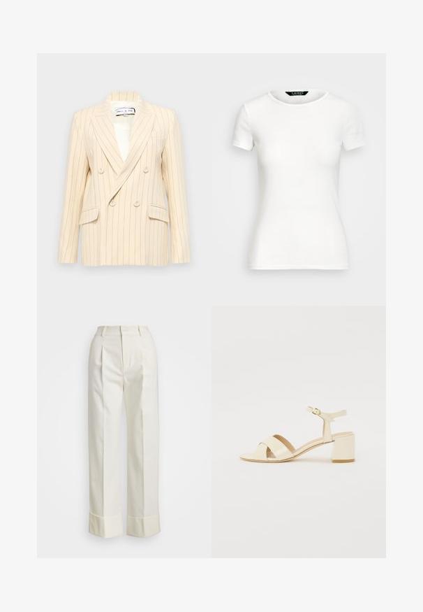 Bežinis dryžuotas dvigubo užsegimo švarkas su įpjovimais, dviem priekinėmis kišenėmis ir balta pamušalu. Yra apvalūs mygtukai ir griežta forma.; Baltos medvilnės marškinėliai trumpomis rankovėmis, apvaliu kaklu, prigludusio dizaino ir lygios tekstūros. Logo etiketė prie kaklo.; Baltos pritaikytos kelnės su aukštu liemeniu, dvigubomis priekinėmis raukšlėmis ir plačiomis kojomis su sulenktais kraštais. Pagamintos iš glotnaus, tekstūruoto audinio.; Bežinės patentinės odos aukštakulnės šlepetės su kryžminiu dirželiu, atvira nosimi, reguliuojamu kulkšnies dirželiu ir blokuotu kulnu. Lygi tekstūra.