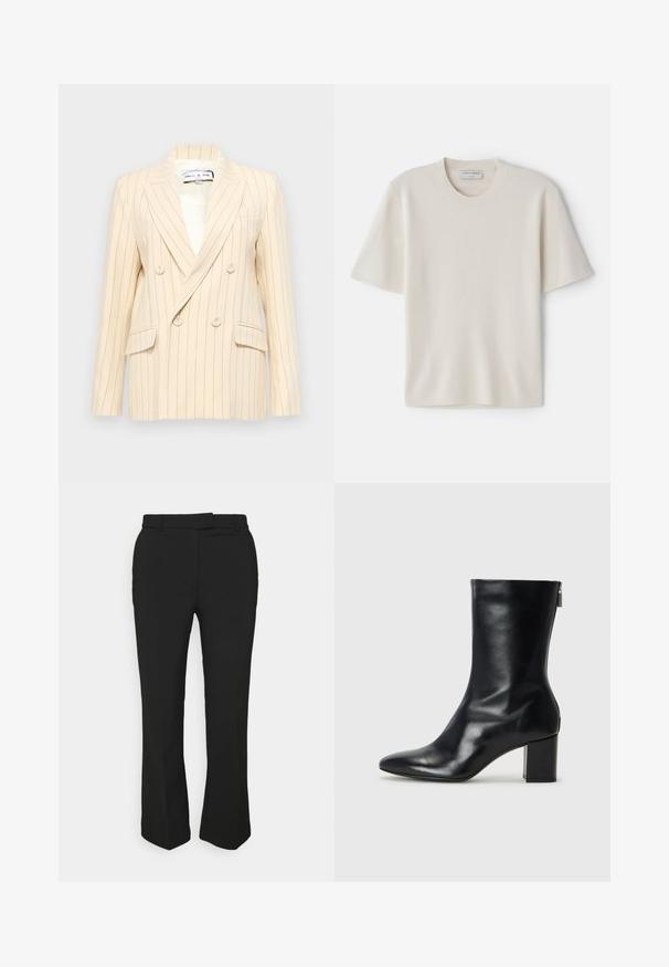 Blazer beige à rayures, croisé et à revers crantés, avec deux poches avant et doublure blanche. Présente des boutons ronds et une silhouette structurée.; T-shirt crème à manches courtes avec un col rond, fabriquée à partir d'un matériau doux, arborant une coupe droite et un minimalisme dans les détails.; Pantalons noirs ajustés avec une coupe droite, dotés de passants de ceinture et de poches latérales. Fabriqués en tissu lisse avec une finition soignée.; Bottine en cuir noir avec un bout pointu et un talon carré de 4 cm. Design élégant avec une fermeture éclair sur le côté pour un enfilage facile. Texture lisse.