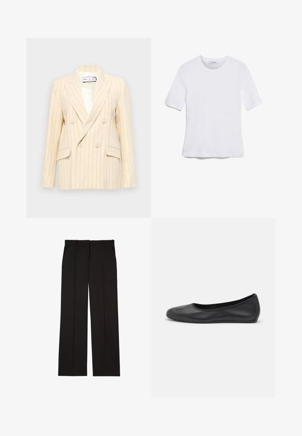 Blazer beige à rayures, croisé et à revers crantés, avec deux poches avant et doublure blanche. Présente des boutons ronds et une silhouette structurée.; T-shirt blanc à manches courtes en tissu côtelé. Col rond, coupe régulière et détails de couture subtils. Aucune motif ni graphique.; Pantalons noirs sur mesure en tissu lisse, présentant une coupe droite, avec deux poches latérales. Construction élégante et minimaliste.; Ballerines en cuir noir avec un bout rond, texture lisse, détails de couture minimalistes et design de semelle flexible.