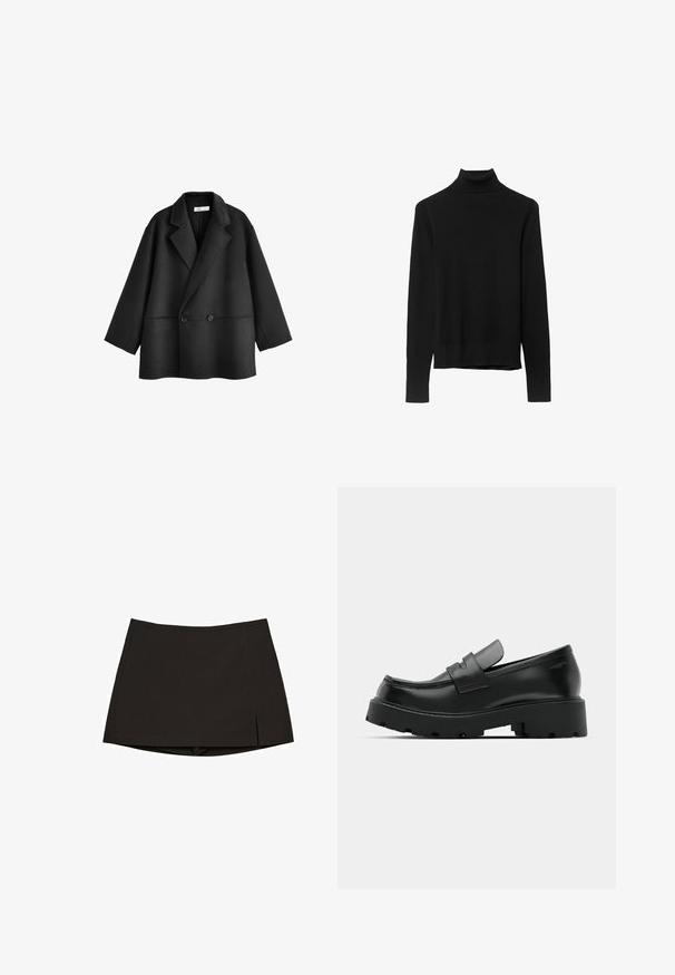 Črn volnen plašč iz mešanice materialov z dvovrstnim zapenjanjem, širokimi reverji, spuščenimi rameni, dvema sprednjima gumboma in dvema stranskima žepoma.; Črna pulover majica z visoko ovratnikom, izdelana iz mehkega pletenega materiala. Ima dolge rokave in prilegajočo se zasnovo s ravnim robom.; Črna mini krilo iz gladkega blaga, s preprostim ravnim krojem, stranskimi razporki in čistim zaključkom spodaj. Enostavno in vsestransko.; Črne usnjene loafer čevlje z masivnim teksturiranim podplatom, opremljene z naramnico nad vampom in gladko, polirano površino.