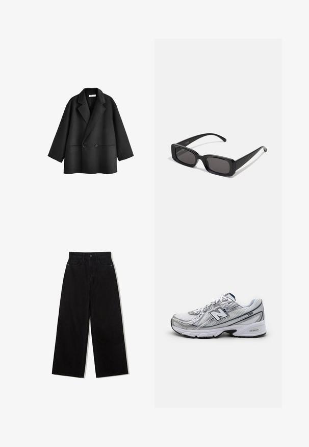 Mustavilla sekoitetusta villasta valmistettu takki, jossa on kaksirivinen malli, leveät kaulukset, laskeutuneet olkapäät, kaksi etunappia ja kaksi sivutaskua.; Musta pitkähihainen lyhyt paita, joka on valmistettu pehmeästä puuvillasta. Ominaisuuksia ovat pyöreä kaula-aukko ja väljä istuvuus, jossa on roikkuvat olkapäät. Ei näkyviä kuvioita tai yksityiskohtia.; Musta, leveälahkeinen farkut, joissa on korkea vyötärö, viisi taskua ja etupuolella yksittäinen napitus.; Uuden Balance -urheilusandaalit, joissa on verkkopintamateriaali, pääasiassa valkoiset harmailla ja laivastonsinisin yksityiskohdin, joissa on pehmustettu pohja ja tekstuuroitu yksityiskohta.; Mustat suorakaiteen muotoiset aurinkolasit, joissa tummat linssit, kiiltävä pinta, leveät sangan varret ja massiivinen kehysmuotoilu. Yhden sangansivun kaiverrettu brändinimi.