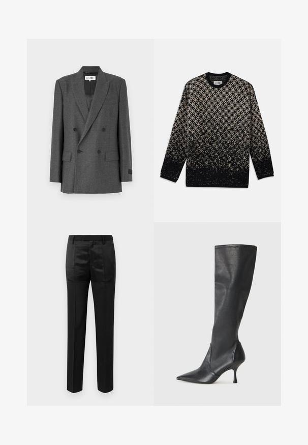 Szürke, kétsoros zakó textúrált anyagból. Jellemzői a kivágott hajtókák, két elülső zseb és fekete gomb díszítések. Bélése bélelt.; Kötött pulóver bézs és fekete gyémántmintával, fokozatos színátmenettel. Kerek nyakkivágás és hosszú ujjú. Puha tapintású.; Fekete, egyenes lábú, szabott nadrág övvel ellátott derékkal, matt és fényes anyagpanelek kombinációjával.; Térd fölötti fekete bőr csizmák hegyes orral és karcsú stiletto sarkal. Simább textúrájúak, jól illeszkedő kialakítással és varrással a tetején.