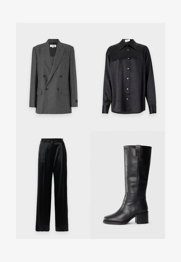 Šedý dvojradový blazer z textúrovanej tkaniny. Má záševkové klopy, dve predné vrecká a čierne gombíkové akcenty. Podšívka vnútra.; Čierna košeľa s dlhým rukávom a golierom, s pokrčenou textúrou, plne gombíkovou prednou časťou a manžetami. Vyrobená z hladkého materiálu.; Čierne saténové nohavice s vysokým pásom a širokými nohavicami, s pútkami na opasok a s plochým uzatváraním na bielom pozadí.; Čierne kožené čižmy po kolená so hladkou textúrou, štvorcovou špičkou, blokovým podpätkom a bočným úchytom, s minimálnymi švami.