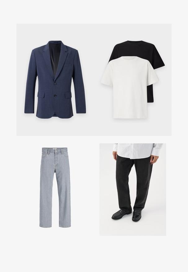 Marineblaues Blazer aus strukturiertem Stoff mit einreihigem Design, Reverskragen, zwei Vorderaschen und zwei Knöpfen.; Baumwoll-T-Shirt-Set bestehend aus einem schwarzen Oberteil und einem weißen Oberteil, beide mit kurzen Ärmeln, Rundhalsausschnitt und normaler Passform. Texturiert.; Helle blaue Jeans aus Denim mit lockerer Passform, geradem Bein, sichtbaren Nähten, zwei vorderen Taschen und einem Knopfverschluss.; Schwarze Jeans kombiniert mit glänzenden schwarzen Slippern. Das Hemd ist weiß mit dünnen vertikalen Streifen, hat lange Ärmel und einen geknöpften Kragen.