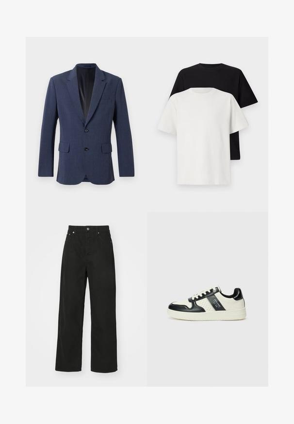 Navy blue blazer made of textured fabric with a single-breasted design, notch lapels, two front pockets, and two buttons.; Cotton t-shirt set featuring a black top and a white top, both with short sleeves, round neckline, and standard fit. Textured fabric.; Black denim trousers with a straight leg design, featuring five pockets, a button closure, and a classic waistband. Smooth texture.; Leather sneakers with a black and cream color scheme, featuring perforated accents, a padded collar, and a textured outsole.