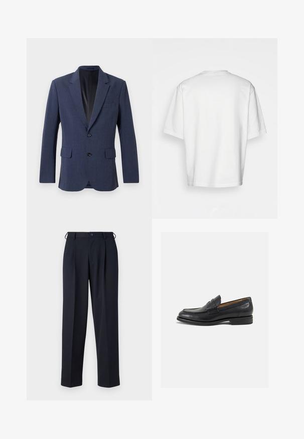 Mornarsko modra blazer jakna iz teksturiranega materiala z enojnim zapenjanjem, z izrezanimi reverji, dvema sprednjima žepoma in dvema gumboma.; Bela kratka majica s kratkimi rokavi, ohlapnega kroja, okroglega izreza, gladkega bombažnega materiala, brez okrasitev na hrbtni strani, ravna obroba, brez vzorcev ali naglasov.; Temno modri hlače iz gladkega blaga, s ravnim krojem, z gubami spredaj in z gumbom za zapiranje v pasu.; Črne usnjene loafers cipele z gladko površino, zaobljenim nosom in dekorativnim šivom na vampu. Nizek zloženi peti in rahla sijaj.
