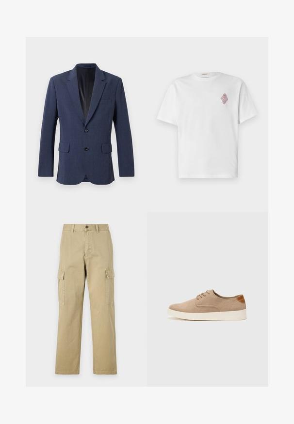 Tumesinine bleiser, mis on valmistatud tekstureeritud kangast, ühe nööbiga disainiga, notch-lapellidega, kahe esikotiga ning kahe nööbiga.; Valge puuvillane t-särk lühikeste varrukatega, millel on vasakul rindkere piirkonnas punane tikitud teemantimuster. Klassikaline ümmargune kaelus.; Beige cargos, mis on valmistatud puuvillast, sisaldavad kahte küljetaskut, nööbiga sulgemist ja sirgeid jalgu, millel on kergelt tekstureeritud kangas.; Beežid nahast tossud ümarate varvastega, paeltega esiosa ja tekstuuriga tagakontuuriga. Valge kummist tallapakkumine loob kontrasti. Lihtne ja kaasaegne disain.