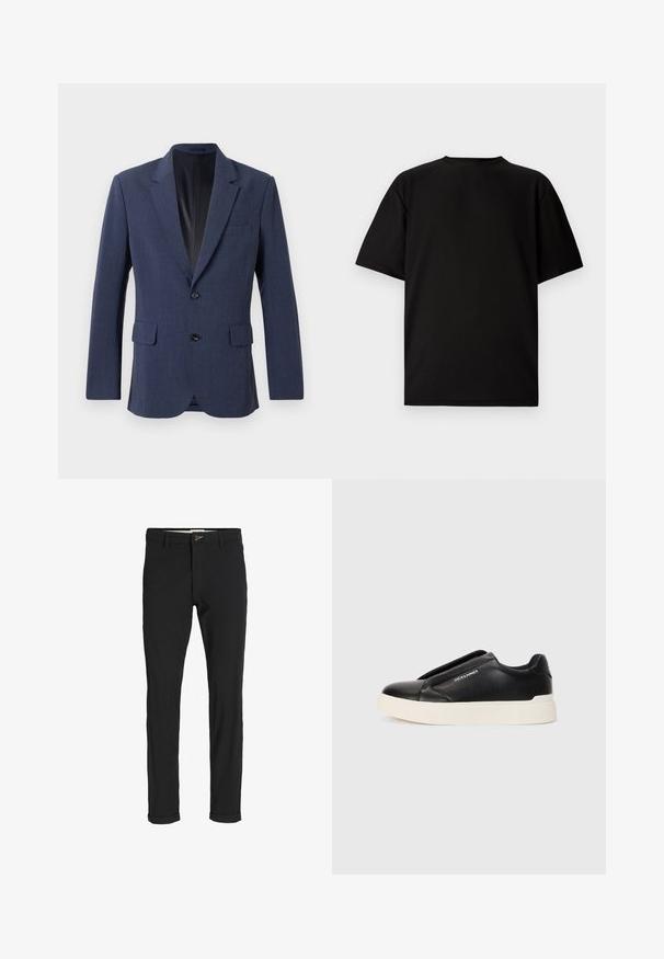 Navy blue blazer made of textured fabric with a single-breasted design, notch lapels, two front pockets, and two buttons.; Black short-sleeve T-shirt made from ribbed fabric. Features a round neckline and a relaxed fit with a smooth texture. Back view only.; Black cotton blend pants with a slim fit, featuring a button closure, pockets, and rolled cuffs for a casual finish.; Black slip-on sneaker with textured leather upper, white rubber sole, and no visible laces. Features brand logo on the side.