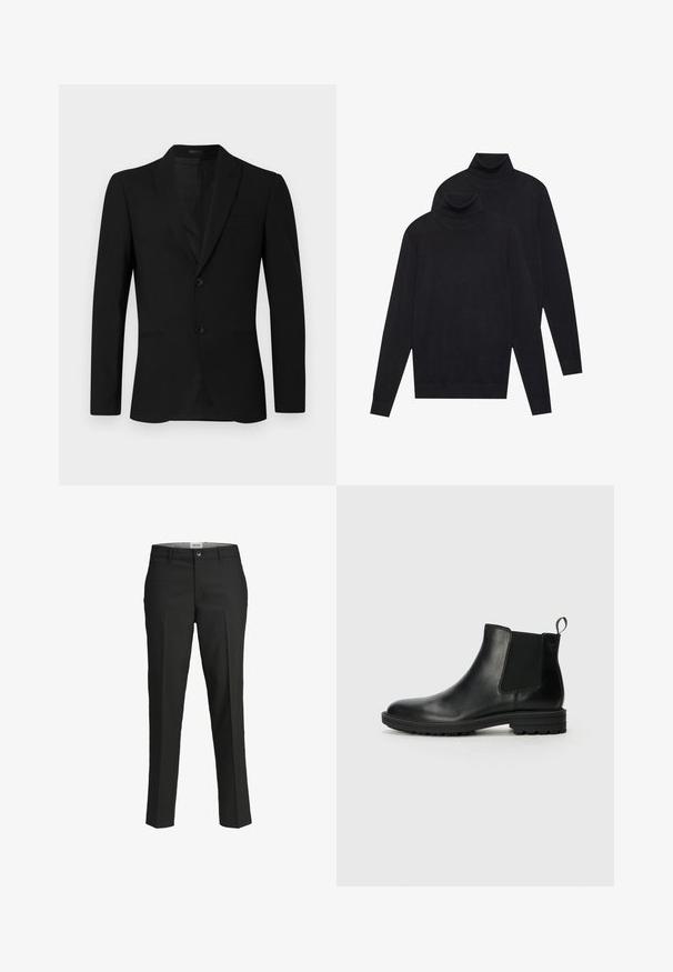 Giacca nera con rever a notched, design a un petto con due bottoni e tasche a nappe; texture liscia e vestibilità su misura.; Due maglioni a collo alto neri a maniche lunghe, lavorati a maglia semplice, impilati con uno leggermente dietro l'altro su uno sfondo bianco.; Pantaloni neri, vestibilità sartoriale, tessuto liscio, vita media, chiusura con bottone frontale, tasche diagonali e dettagli di piega lungo le gambe.; Jack & Jones JFWHOSKINS - Stivaletti - anthracite