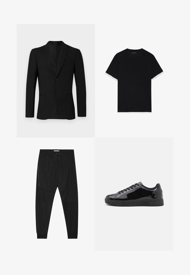 Black suit jacket featuring a notched lapel, single-breasted design, two buttons, and welted pocket; smooth texture and tailored fit.; Black short-sleeve t-shirt with a textured fabric, featuring white accents on the cuffs. Rounded neckline, relaxed fit.; Black athletic pants made of textured fabric, featuring an adjustable waistband, zippered side pocket, and tapered cuffs.; Black patent leather sneakers with a round toe, flat rubber sole, and black laces. Smooth, shiny texture on upper surface.