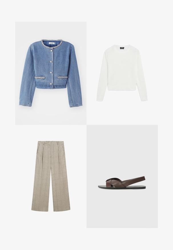 Giacca in denim azzurro chiaro a vita corta con colletto rotondo decorato con perline, chiusure a bottoni argentati e due tasche decorate con perline.; Maglione bianco a maniche lunghe, design cropped, texture morbida, collo rotondo, polsini e orlo a costine, stile minimalista senza pattern o elementi hardware visibili.; Pantaloni a gamba larga beige a quadri con un tessuto testurizzato, pieghe frontali, tasche laterali e una cintura per una vestibilità sicura.; Sandalo in pelle marrone con design a cinghia incrociata, suola nera piatta e cinturino posteriore regolabile. Texture liscia e dettagli hardware minimi.