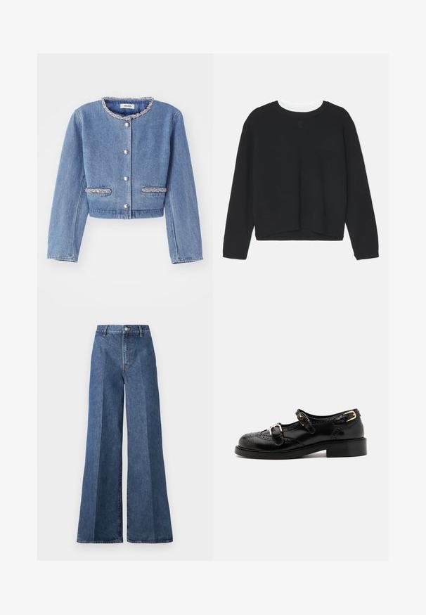 Chaqueta de mezclilla cropped en azul claro con un cuello redondo de cuentas, cierres de botones plateados y dos bolsillos acentuados con cuentas.; Sudadera negra de manga larga, con cuello redondo y un dobladillo ligeramente corto. Está hecha de un tejido suave y presenta un sutil detalle de logo en la parte delantera.; Jeans de mezclilla azul de pierna ancha con cintura alta, que cuentan con un estilo clásico de cinco bolsillos y un cierre de botón, confeccionados en tela de algodón texturizado.; Zapatos de cuero negro con detalles de brogue, que presentan dos correas con hebillas, una puntera redondeada y un tacón bajo. Textura suave con un acabado brillante.