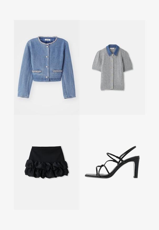 Svijetloplavi jeans s kratikom, okruglim ovratnikom sa perlicama, zatvaranjem sa srebrnim gumbima i dvije ukrasne džepove s perlicama.; Sivi pleteni kardigan kratkih rukava s uzorkom pletenice, sa denimbra šalom i pet zlatnih gumba sprijeda.; Crna mini suknja s uskim gornjim dijelom i tri sloja nabranog materijala na dnu, s glatkom teksturom i čistim linijama.; Crne sandale na visokoj peti s tankim trakama, teksturiranom završnom obradom, otvorenim nožnim prstima i elegantnim, šiljastim dizajnom pete. Imaju glatku unutrašnjost i sjajnu površinu.