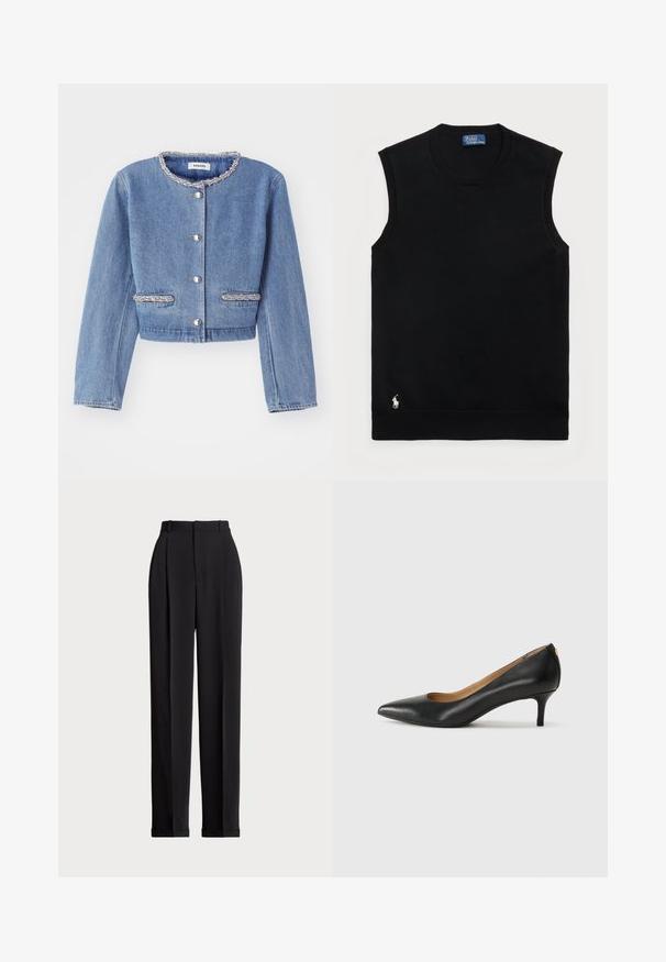 Svijetloplavi jeans s kratikom, okruglim ovratnikom sa perlicama, zatvaranjem sa srebrnim gumbima i dvije ukrasne džepove s perlicama.; Crna bezrukavna pamučna dukserica s okruglim izrezom. Sadrži mali bijeli logo u donjem lijevom kutu i rebrasti rub.; Crne krojene hlače s visokim strukom, s naborima sprijeda, ravnim krojem i običnim rubom. Izrađene od glatkog materijala.; Crne kožne cipele s uskim vrhom, niskom petom i glatkom teksturom. Imaju blago otvaranje sprijeda i minimalne metalne detalje straga.