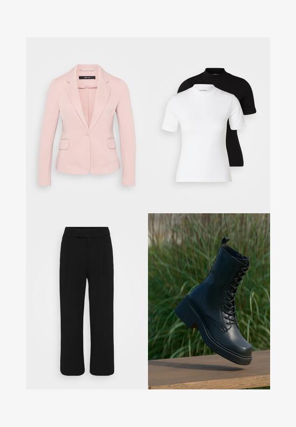 Sacou roz deschis cu rever înclinat, închidere cu un singur nasture și două buzunare frontale. Fabrică netedă și croială ajustată.; Even&Odd Petite 2 PACK - Tricou basic - white/black; Pantaloni negri cu picioare largi, confectionati dintr-un material neted, avand un front plat, bucle pentru centura si fara buzunare vizibile. Design curat si bine croit.; Boots de piele negre, până la gleznă, cu vârf rotund, sistem de șireturi în față și toc gros, masiv. Au cusături detaliate și o textură netedă a suprafeței.