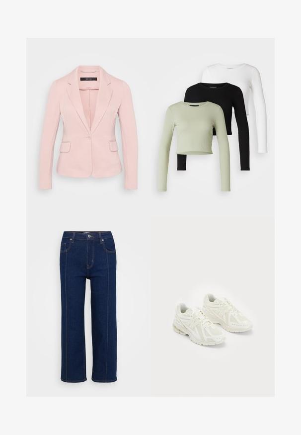 Lyserød blazer med spidse klapper, enkelt knaplukning og to forlommer. Glat stof og skræddersyet pasform.; Even&Odd Petite 3 PACK - Topper langermet - black/white/light green; Mørkeblå rette jeans med knappelukking, front- og baklommer, og synlig oransjefargede sømmer langs sømmene.; Hvite sportssko laget av mesh og syntetiske materialer, snøring, polstret krage og teksturert såle for grep. Lett konstruksjon.