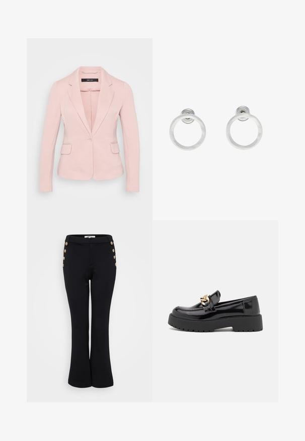 Vaaleanpunainen takki, jossa on lovetut kaulukset, yksinkertainen napitus ja kaksi etutaskua. Sujuva kangas ja muotoiltu istuvuus.; Even&Odd Petite 2 PACK - Toppi - light grey/black; Mustat leveälahkeiset housut, jotka on valmistettu sileästä kankaasta, kultaisilla napituskoristeilla vyötäröllä ja hyvin istuvalla siluetilla.; Musta kiiltonahasta valmistettu loaferit, joissa on paksu musta pohja ja kultaiset yksityiskohdat. Tasainen pinta ja pyöristetty kärki.; Hopeista valmistetut korvakorut, joissa on harjattu pinta, ympyrän muotoinen muotoilu ja kirkas varsi takana, joka takaa turvallisen käytön.