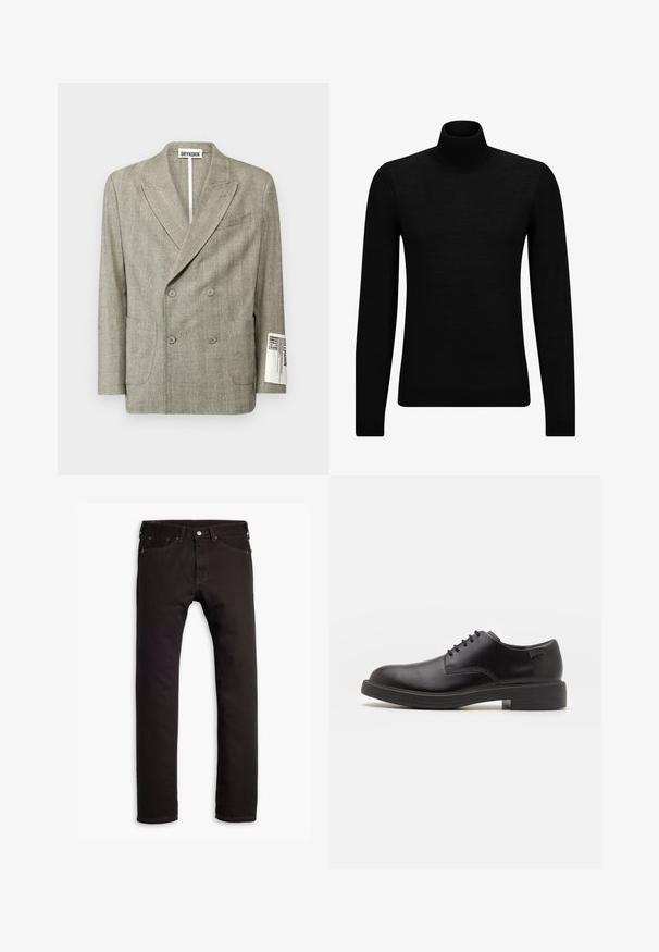 DRYKORN MONTELINO - Suit jacket - grey; Black turtleneck sweater made of soft material, featuring long sleeves and a snug fit. Ribbed trim at the hem and cuffs. Simple design.; Black slim-fit jeans with five pockets and button closure, displayed flat on a white background.; Black leather lace-up shoe with a rounded toe, smooth texture, minimal stitching, and a low rubber heel. Logo on the heel.