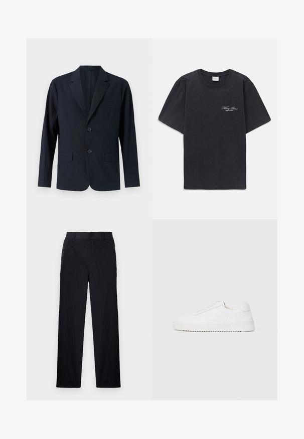 Blazer texturé bleu marine avec revers cranté, deux poches à rabat à l'avant et deux boutons. Coupe ajustée avec un design minimaliste.; T-shirt noir à manches courtes et col rond avec un petit logo « Filling Pieces » en blanc sur la poitrine gauche.; Pantalon noir en tissu léger et texturé, avec une coupe droite, une taille élastique et des poches zippées sur les côtés.; Sneaker blanc avec une tige en cuir lisse, bout rond, lacets, accents latéraux texturés et une épaisse semelle en caoutchouc. Design minimaliste.
