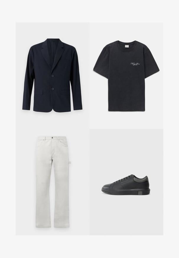 Marineblauwe, gestructureerde blazer met een geknipt revers, twee voorste klepzakken en twee knopen. Tailored fit met een minimalistisch ontwerp.; Zwarte korte mouwen crew neck t-shirt met klein wit "Filling Pieces" tekstlogo op de linkerborst.; Lichtgrijze broek met een rechte pasvorm, gemaakt van gladde katoenstof, met voorzakken en een zijcargozak.; Zwarte leren sneaker met een gladde afwerking, ronde neus en donkergrijze accenten. Beschikt over een vetersluiting en een getextureerde rubberen zool.