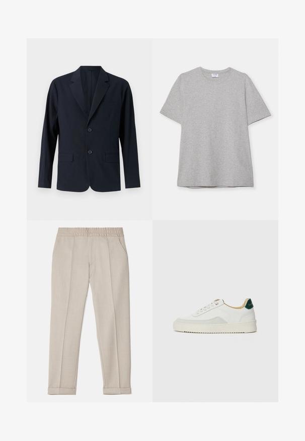 Sacou texturat, de un albastru marin, cu rever clasic, două buzunare frontale cu clapetă și două nasturi. Croială adaptată, cu un design minimalist.; T-shirt scurt gri, fabricat dintr-un material moale și texturat. Dispune de un guler clasic și o margine dreaptă, fiind potrivit pentru purtarea zilnică.; Filippa K TERRY CROPPED TROUSERS - Pantaloni - sage melange; Sneaker alb cu accente din suede, vârf rotund, șireturi plate și o talpă din cauciuc crem. Are un logo verde pe călcâie.
