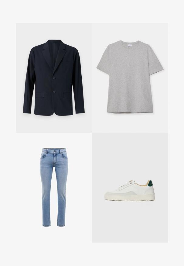 Blazer blu navy, texturizzato, con rever a punta, due tasche anteriori a pattina e due bottoni. Vestibilità su misura con design minimalista.; T-shirt grigio a maniche corte realizzato in morbido tessuto testurizzato. Presenta un classico colletto a girocollo e un orlo dritto, adatto per un abbigliamento casual.; Jeans in denim blu chiaro con vestibilità slim, cinque tasche e design a gamba dritta. Presenta un'apertura con zip e passanti per cintura. Texture morbida.; Sneaker bianco con accenti in camoscio, punta rotonda, lacci piatti e suola in gomma crema. Presenta un marchio verde sul tallone.