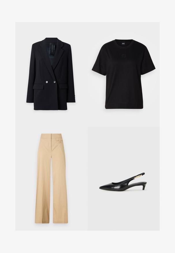 DRYKORN WARDLOW - Blazer - black; Svart bomullströja med rund halsringning, korta ärmar och en broderad logotyp på bröstet. Enkel, avslappnad passform utan mönster.; Beiga vida byxor i bomullsmix. Har en slät yta, elastisk midja och en sidoknappdetalj.; Svart läder slingback-hälar med spetsig tå, med en smal klack och en guldtonad detalj på den justerbara remmen. Slät textur.