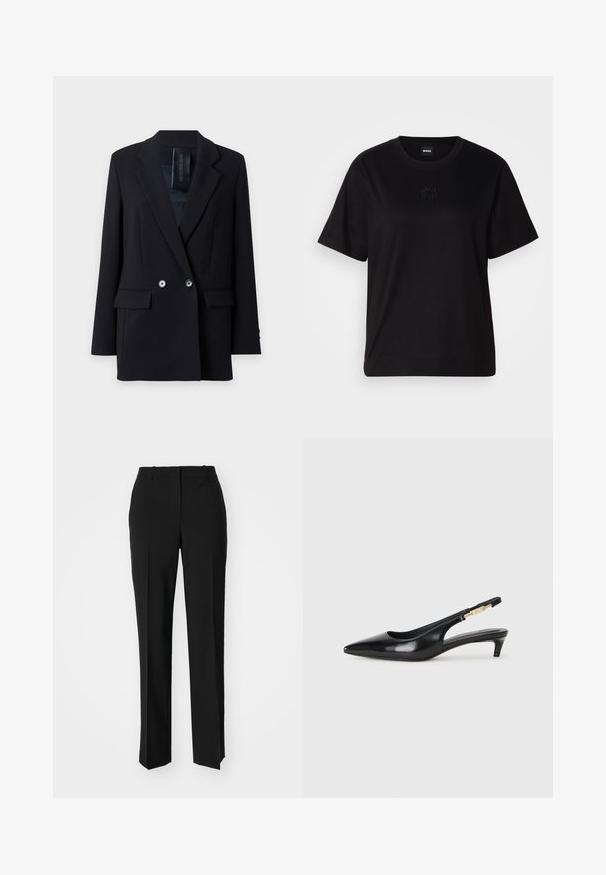 DRYKORN WARDLOW - Bleiser - black; Mustmust särk, millel on ümar kaelus, lühikesed varrukad ja tindiga tikitud logo rinnal. Lihtne, mugav lõige ilma mustriteta.; Mustad ja sirged püksid, millel on sile tekstuur ja teravad voldid esiosas. Ilma nähtavate detailideta.; Mustad nahast slingback kontsad terava ninaga, millel on õhuke konts ja kuldse tooni aktsent reguleeritaval rihmal. Sile tekstuur.