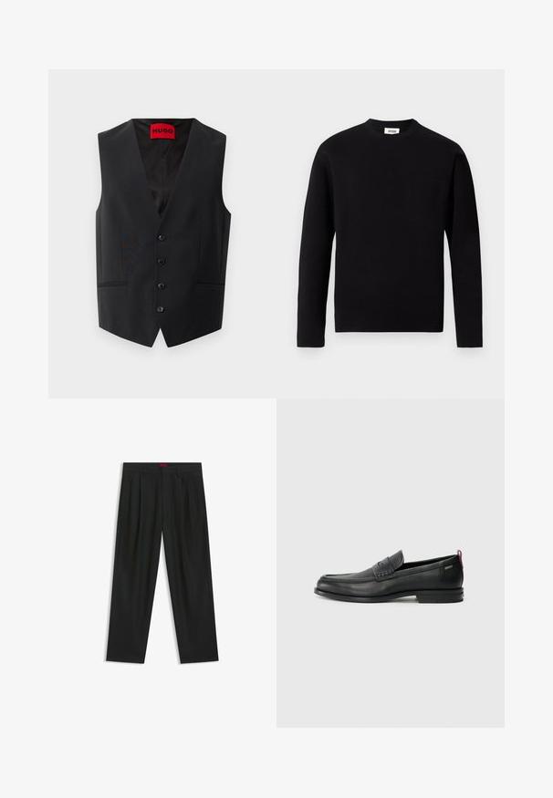 Black dress vest with a smooth texture, five-button front closure, and two side pockets. Features a deep V-neckline and a red label inside.; Black long-sleeve crew neck sweater made of soft fabric. Features a left chest pocket and a straight hem with minimal texture details.; Black trousers with a pleated design, wide leg shape, and a smooth texture. Features a red waistband tag.; Black leather loafers with a textured front panel and smooth sides. Features a slim heel and rear loop for easy wear. Classic design.