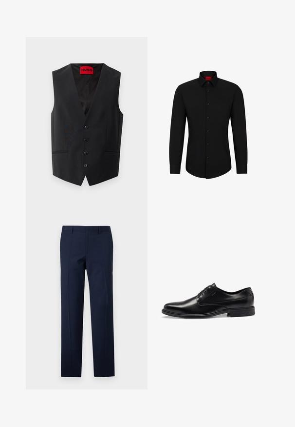 Čierny pletený vestík s hladkou textúrou, s predným zapínaním na päť gombíkov a dvomi bočnými vreckami. Má hlboký výstrih do V a červenú nášivku vo vnútri.; Čierna košeľa s dlhým rukávom a zapínaním na gombíky, klasickým golierom a zaobleným lemom; obsahuje čierne gombíky a červené logo vo vnútri goliera.; Námornícke modré nohavice s priliehavým strihom, s hladkou textúrou, ostrými záhybmi a plochým predným dizajnom. Skrytý zips na uzatváranie.; Čierne kožené spoločenské topánky s hladkým povrchom, so šnurovacím dizajnom, okrúhlou špičkou a decentnými švami. Obsahujú čiernu gumovú podrážku.
