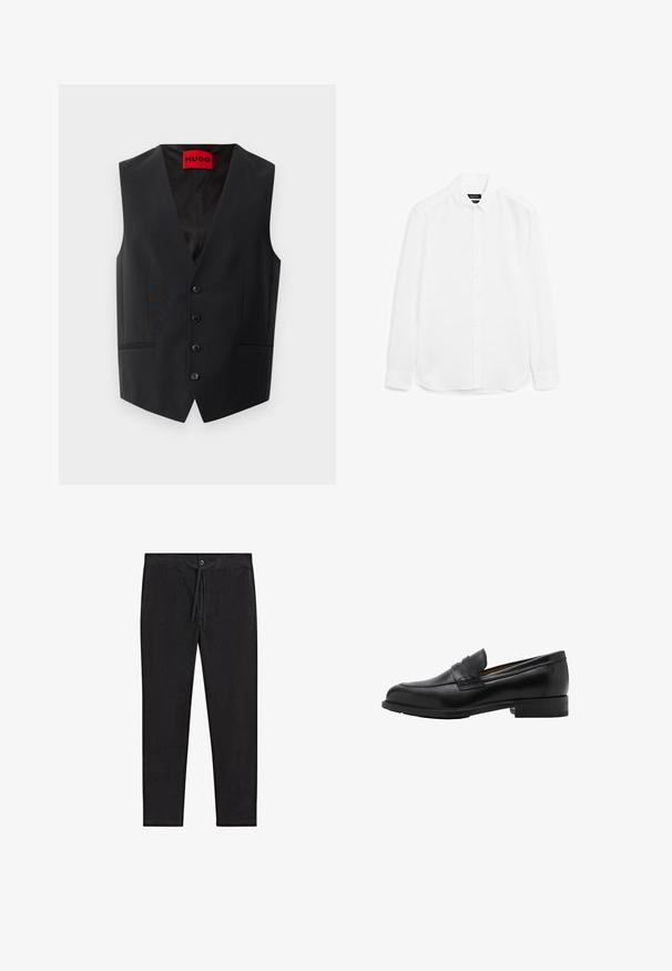 Gilet nero con una texture liscia, chiusura frontale a cinque bottoni e due tasche laterali. Presenta un profondo scollo a V e un'etichetta rossa all'interno.; Camicia bianca a maniche lunghe realizzata in tessuto liscio, con chiusura frontale a bottoni, colletto a punta e orlo arrotondato con polsini abbottonati.; Pantaloni neri realizzati in tessuto leggero, con vita elasticizzata, chiusura con cordino e design a gamba dritta. Senza motivi o dettagli.; Mocassini in pelle nera con punta cucita e tacco piatto. Texture liscia con punta arrotondata e una fascia decorativa sopra il collo del piede.