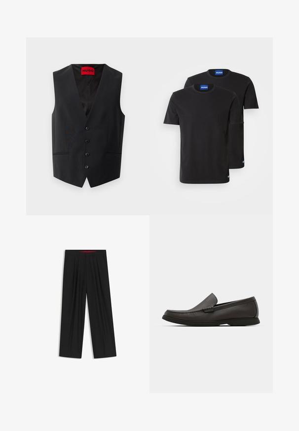 Chaleco negro con una textura suave, cierre frontal de cinco botones y dos bolsillos laterales. Presenta un escote en V profundo y una etiqueta roja en su interior.; Dos camisetas de algodón negras con cuellos redondos, mangas cortas y etiquetas azules "HUGO" en los cuellos y los dobladillos laterales.; Pantalones de pierna ancha negros con parte delantera plana, dos bolsillos laterales, diseño plisado y una cinturilla interior roja en contraste.; Mocasines de cuero marrón oscuro con punta redondeada, detalles de costura sutil y suela de goma baja. Textura suave con un ajuste flexible.