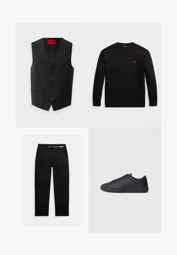 Vesta neagră din material neted, cu închidere frontală cu cinci butoane și două buzunare laterale. Are un decolteu adânc în formă de V și un eticheta roșie în interior.; Tricou negru cu mânecă lungă din bumbac. Are guler rotund, manșete ribbificate și un mic logo roșu brodat pe piept. Textură netedă.; Pantaloni negri dintr-un material ușor, cu un talie elastică și o curea verde integrată, croi drept și buzunare laterale.; Adidași negri din piele netedă, cu un design low-top, vârf rotund și talpă plată din cauciuc. Au șireturi și un branding subtil.