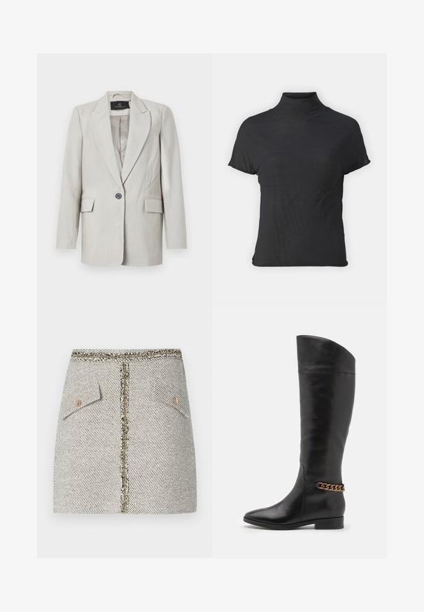 Light grey blazer with a structured design, featuring a single black button, two front pockets, and a notch lapel. Smooth fabric texture.; Black short-sleeve turtleneck top made of lightweight fabric with a smooth texture and a fitted shape, featuring a high neckline.; Woven tweed skirt in white and black herringbone pattern, features two front pockets and a gold-tone zipper at the back with frayed edges.; Tall black leather boots with a sleek design, pointed toe, and a gold chain accent at the ankle. Low block heel. Smooth texture.