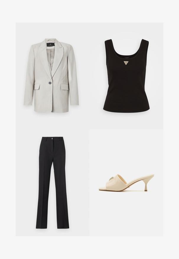 Jasnoszary żakiet o usztywnionej konstrukcji, z pojedynczym czarnym guzikiem, dwiema przednimi kieszeniami i klapą typu notch. Gładka tekstura materiału.; Czarny prążkowany top bez rękawów z okrągłym dekoltem i małym trójkątnym logo w srebrnych akcentach z przodu na środku. Dopasowany krój.; Czarne, dopasowane spodnie o prostym kroju. Posiadają zapięcie na guzik, szlufki na pasek oraz gładką, matową fakturę.; Beżowe, lakierowane sandały mule z odkrytymi palcami i niskim, stiletto obcasem. Posiadają centralny dekoracyjny akcent na cholewce. Gładkie, błyszczące wykończenie.